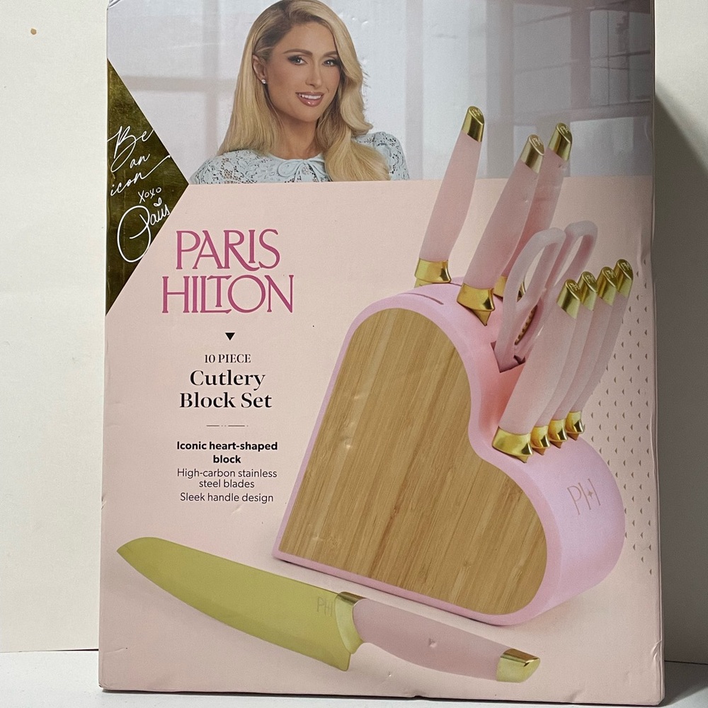 Paris Hilton 10-Piece Heart-Shaped Stainless Steel Knife Block Set, Pink NWT